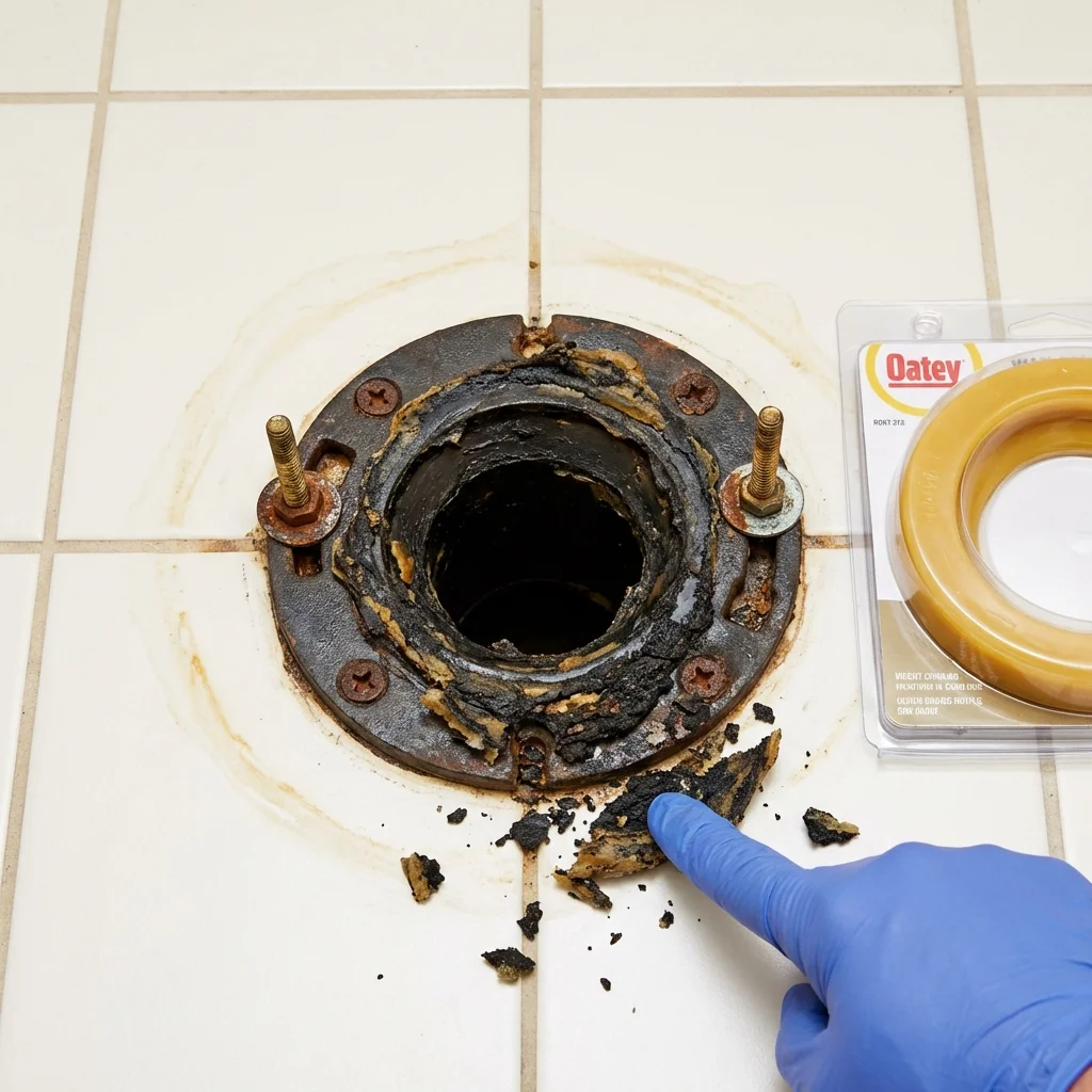 Failed wax ring showing water seepage at the base of a toilet in a Clinton, ME home